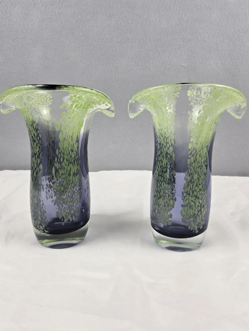 Vintage Teleflora Art Glass Vases Pair Chartreuse Green Purple Spatter